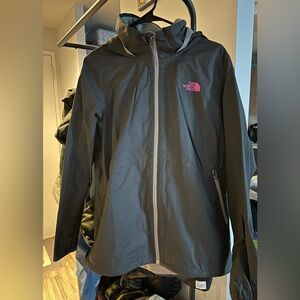 Women’s North Face Raincoat Size Large. Charcoal with pink accent, lightly used